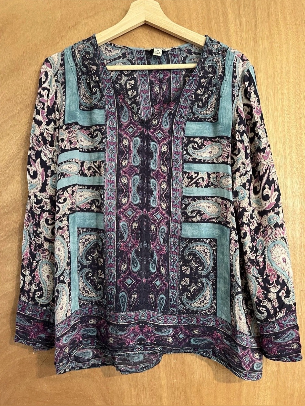 Lucky Brand Women’s Paisley Boho Peasant Blouse Blue Purple Long Sleeve Medium